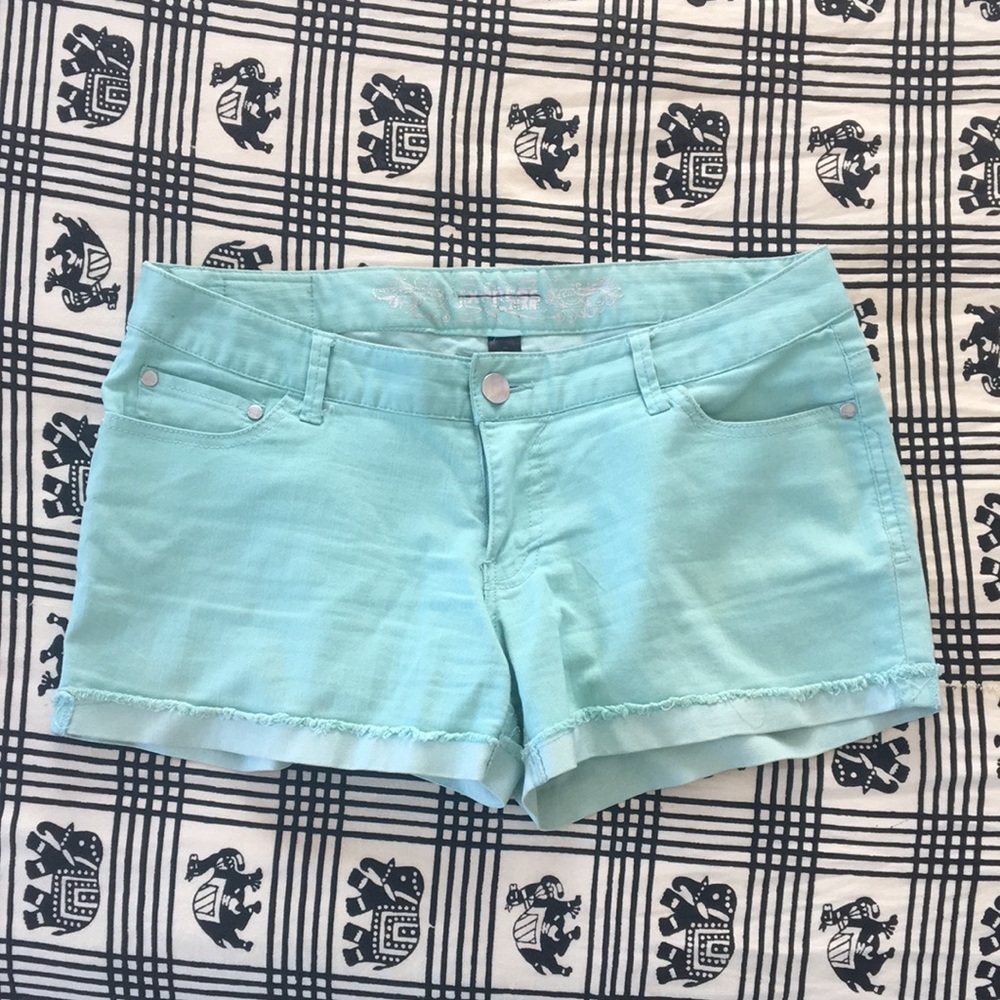 Light turquoise jean shorts from Express